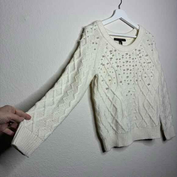 White House Black Market Cream Cable Knit Pearl Embellished Sweater XS - Picture 6 of 10